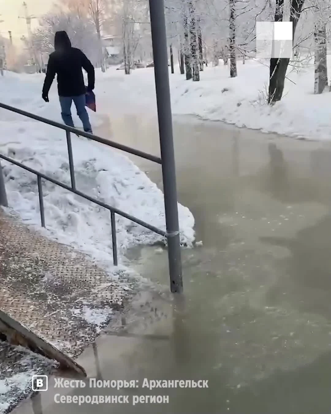 В центре Архангельска затопило дорогу и тротуар водой - 12 февраля 2024 -  29.ру